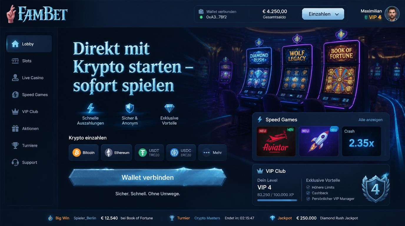 Ein Bildschirm mit Casinointerface, Krypto-Wallet-Verknüpfung und Live-Spielen.