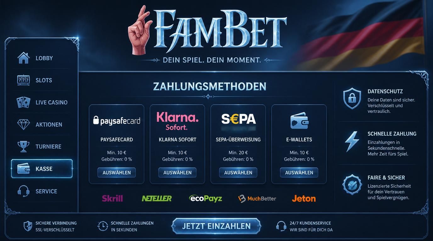 Bild mit Darstellung deutsch lokaler Zahlungsarten und Datenschutz im Casino Interface