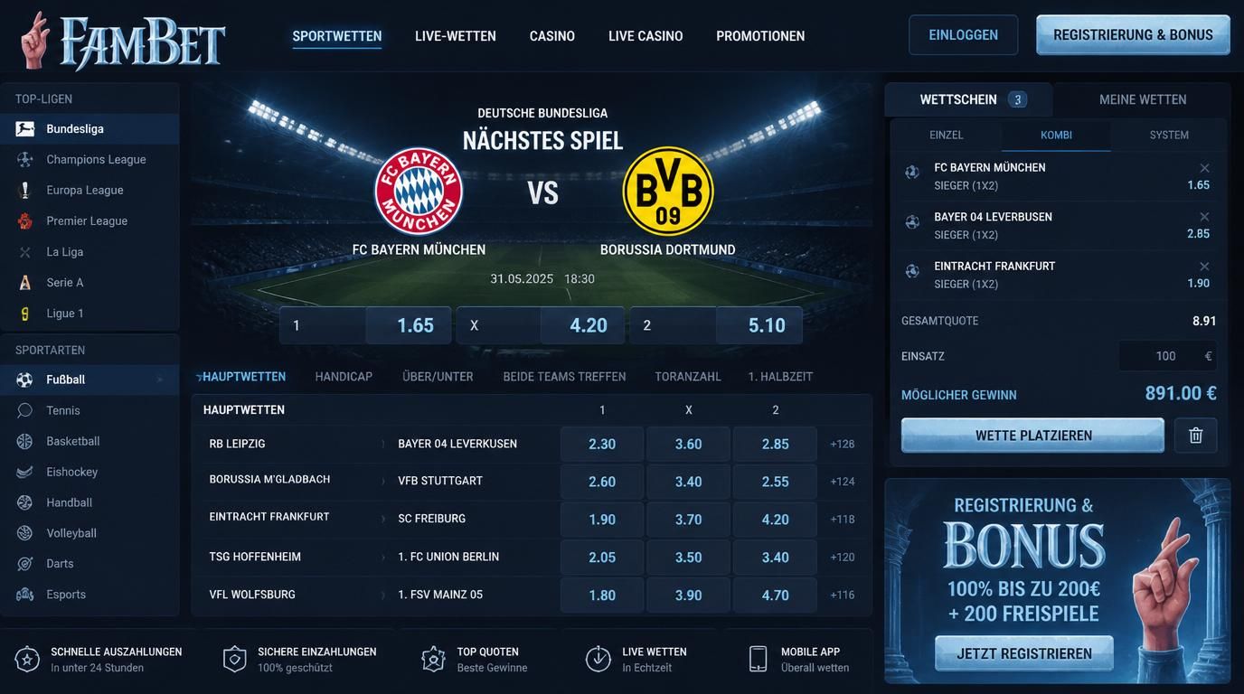 Ein Wettbildschirm voller Spannung mit Bundesliga-Quoten.