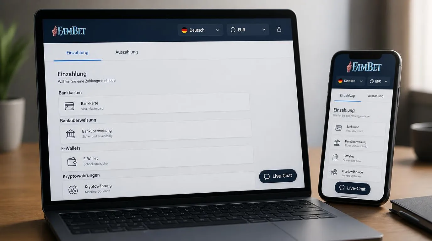 Casino-Kassenbereich mit deutscher Sprache, Euro-Währung, Zahlungsarten und Live-Chat