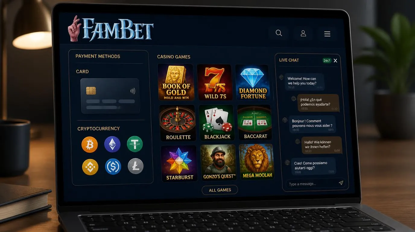 Casino-Oberfläche mit Karten, Kryptowährungen, Spielkacheln und geöffnetem Live-Chat