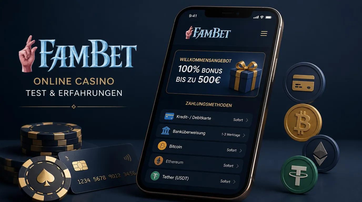 Smartphone mit Casino-Oberfläche, Bonuskarte und Symbolen für Kartenzahlung und Kryptowährungen
