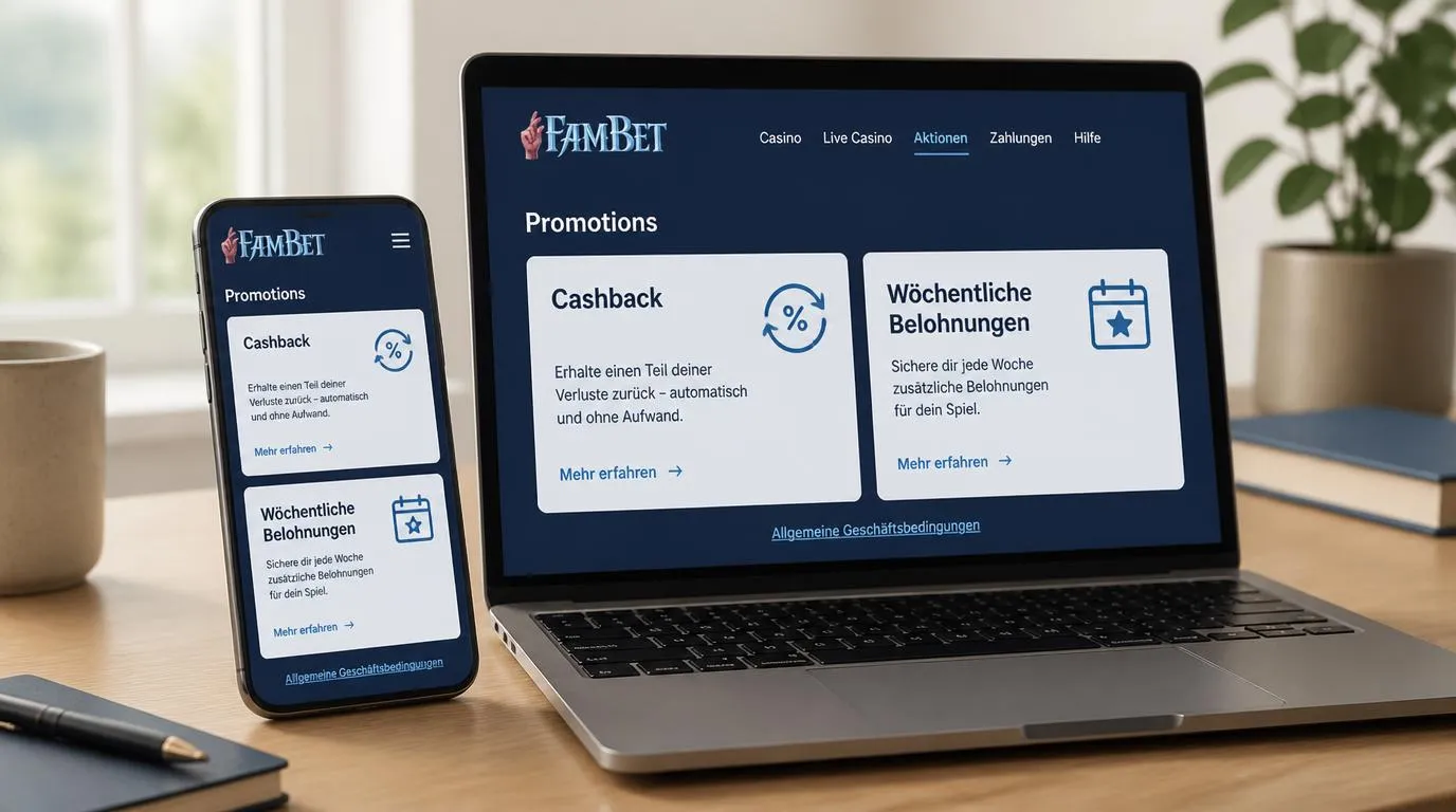 Smartphone und Laptop mit übersichtlichen Bereichen für Cashback und wöchentliche Casino-Belohnungen