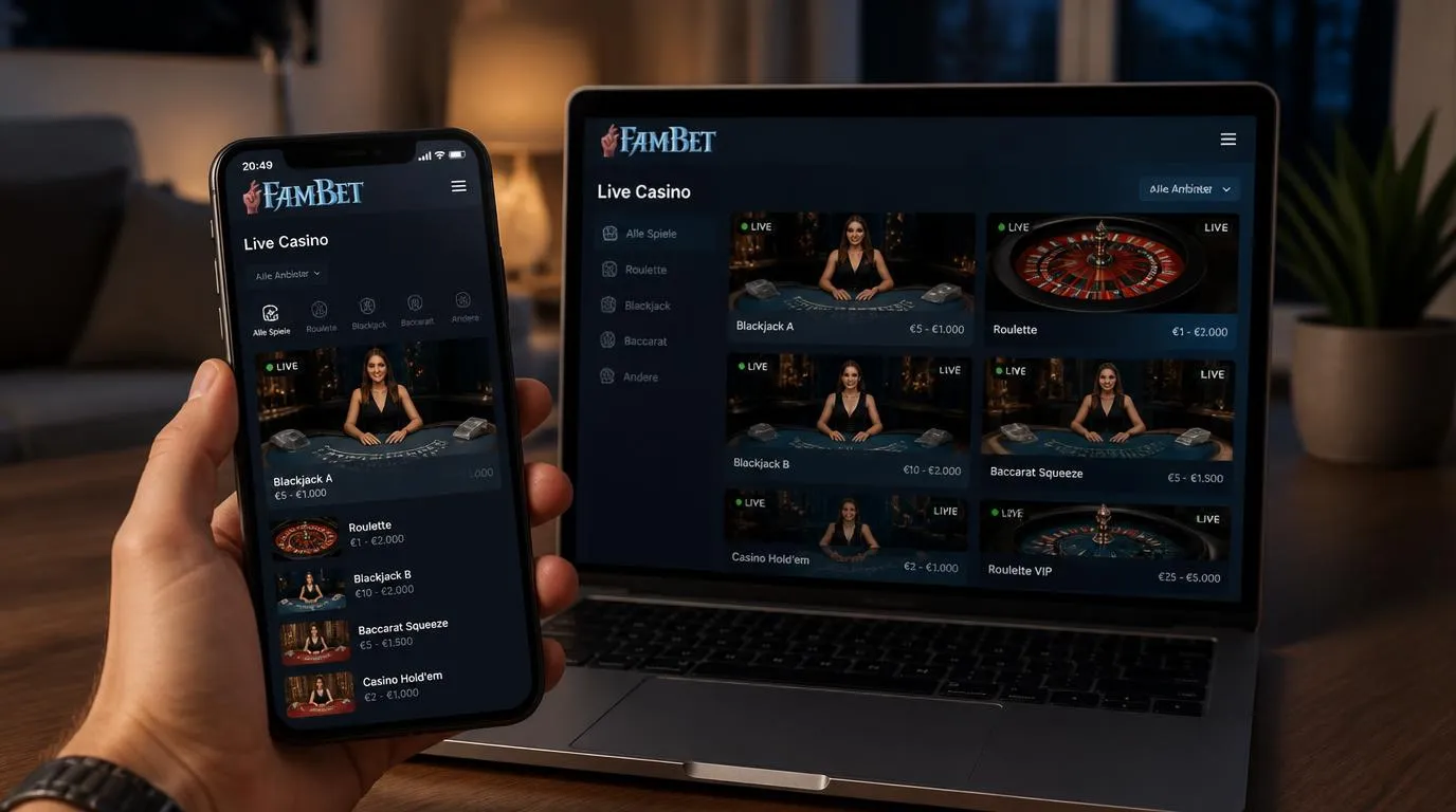 Smartphone mit Live-Casino-Lobby, sichtbaren Tischlimits und Dealer-Stream neben einem Laptop